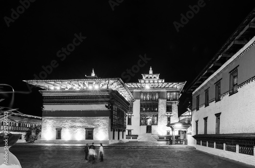 Tashichho Dzong at night, Thimphu, Bhutan; monochrome photo