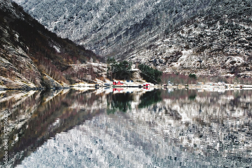 Nature and tiny village are fully preserved from environmental threats in dramatic landscapes of Naeroyfjord, Norway