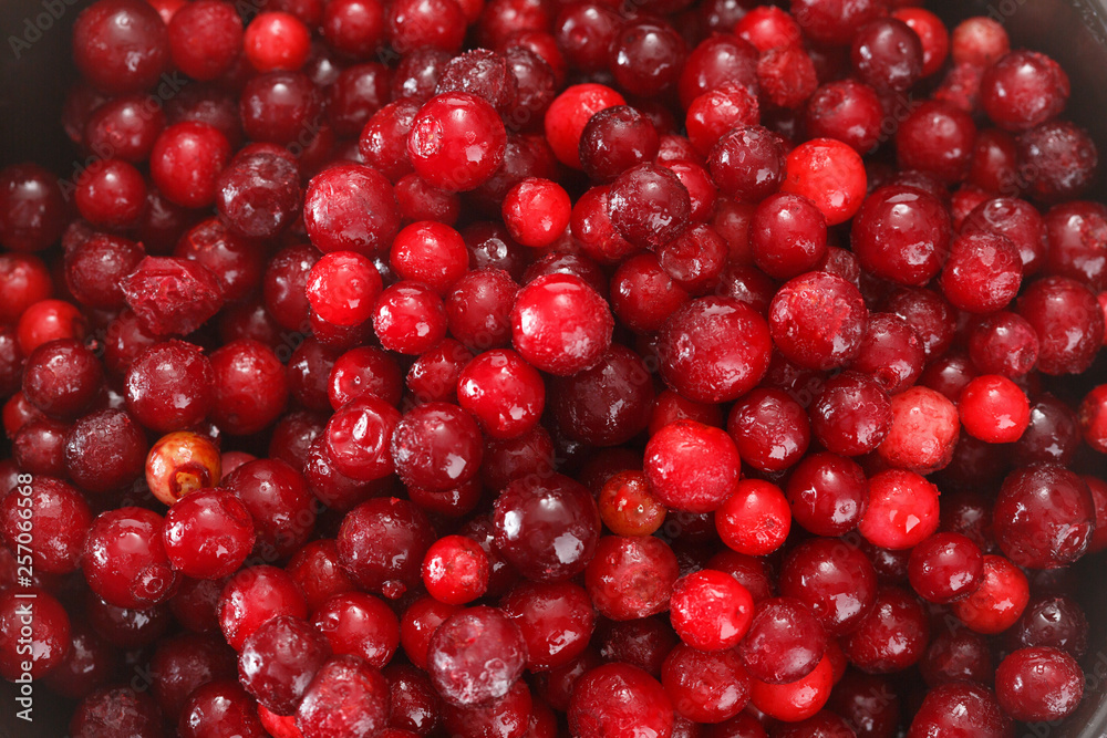 Frozen cowberry berries. View from above. Frozen cowberry berries. View from above.