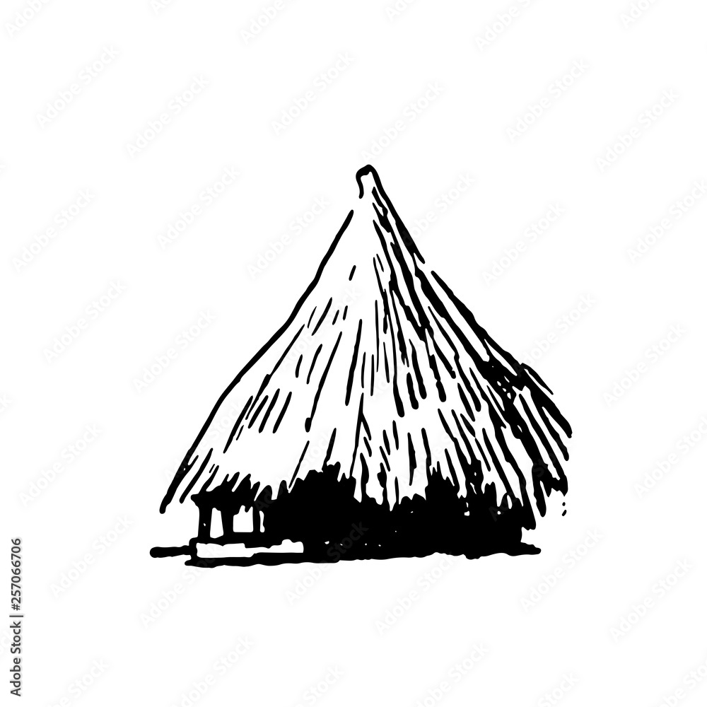Hand drawn sketch of African village house black on white background ...