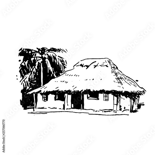 Hand drawn sketch of African village house black on white background