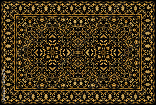 Vintage Arabic golden pattern. Rich Persian colored carpet. Ornament for fabric design, handmade, interior decoration, textiles.