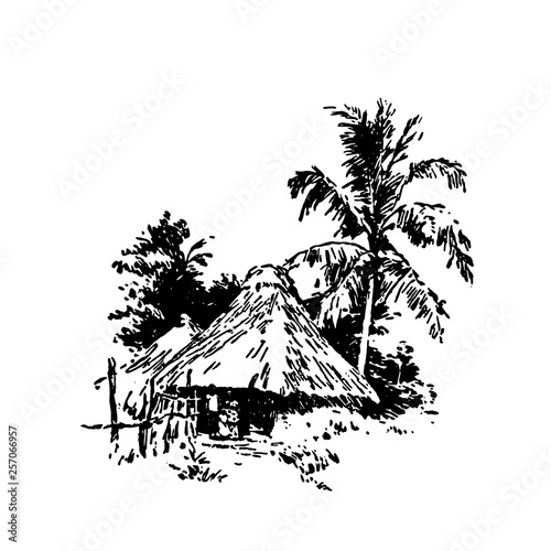 Hand drawn sketch of African village house black on white background