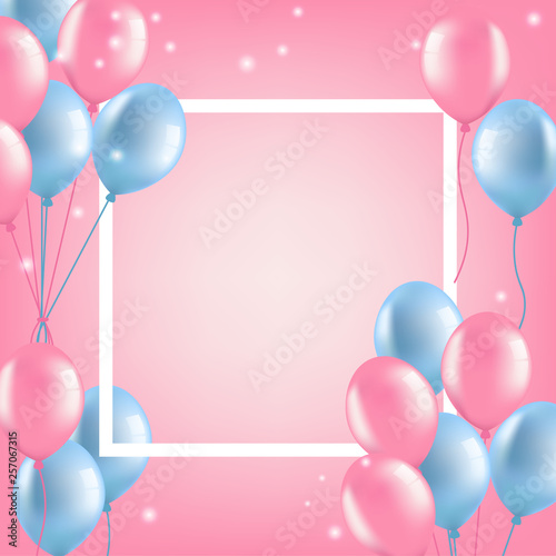 Festive poster of pink and blue balloons with blank space in center. Vector 3D realistic inflatable balls.