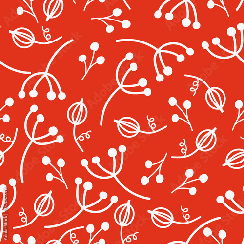 Seamless vector pattern of white hand-drawn gooseberries and viburnum on red background. Simple doodle style illustration.