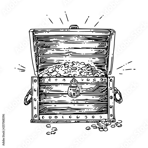 Open old chest with gold. Sketch. Engraving style. Vector illustration.