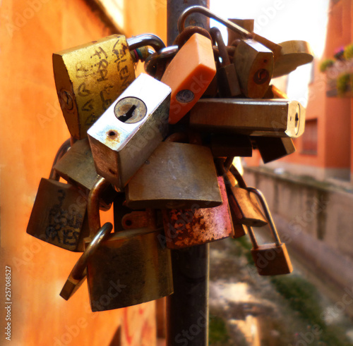 A lot of love padlocks of different sizes and shapes