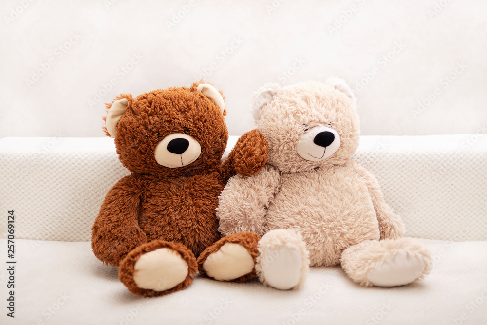 Obraz premium Children's toys - bears of brown and beige color are sitting on the sofa.