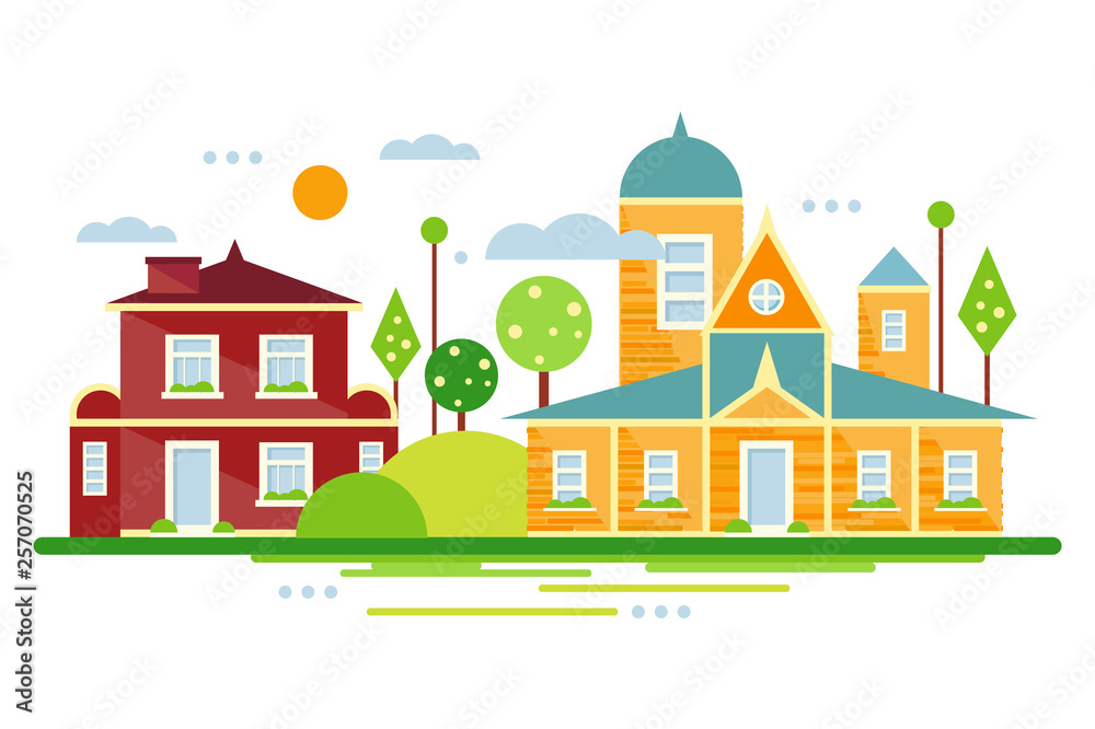 Suburban houses, summer urban landscape vector illustration in flat style