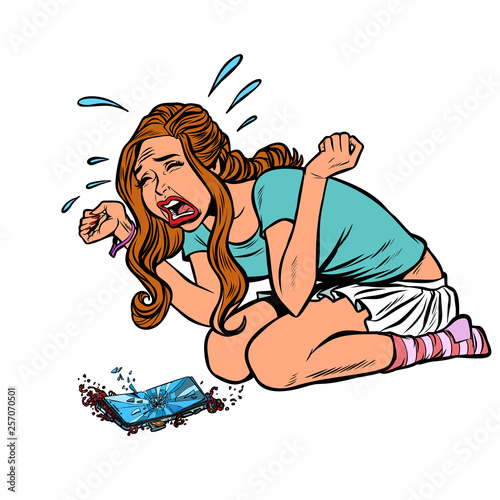 girl and broken phone, crying screaming