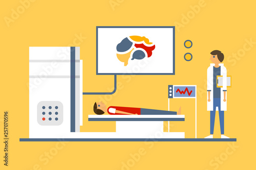 Doctor scanning patient brain, magnetic resonance imaging machine scanning a patient vector illustration in flat style