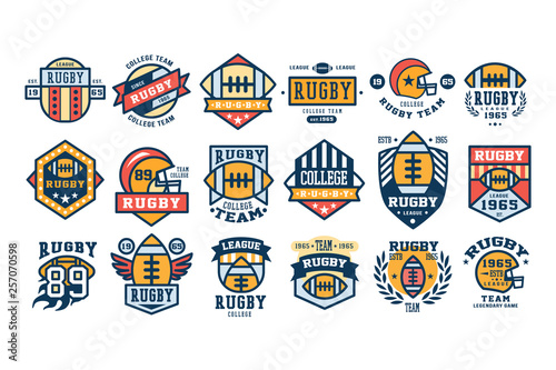 College rugby team logo design set, sport retro emblem, label, badge vector illustrations