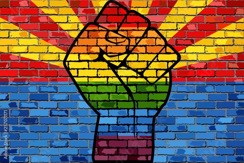 LGBT Protest Fist on a Arizona Brick Wall Flag - Illustration,  Brick Wall Arizona and Gay flags