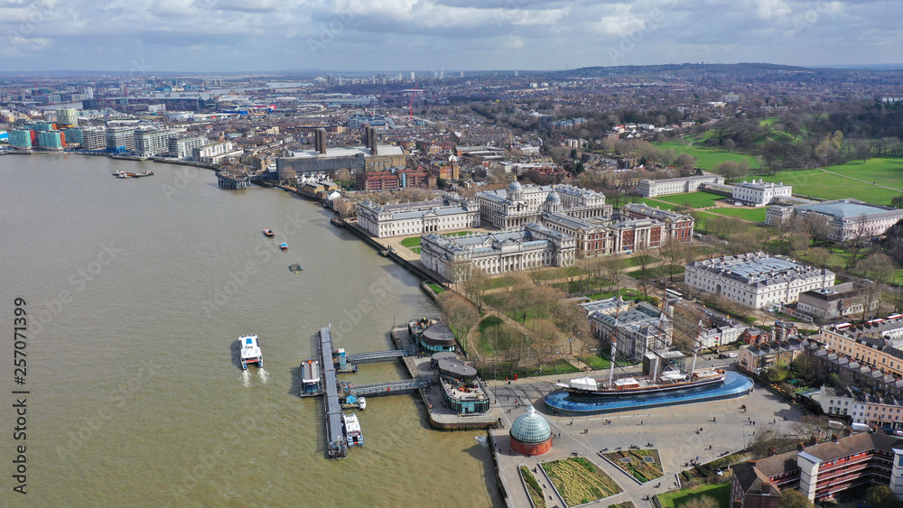 Fototapeta premium Aerial drone photo of iconic city and University of Greenwich in the heart of London, United Kingdom
