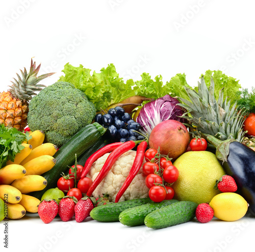 Useful tasty vegetables  fruits and berries isolated on white background.