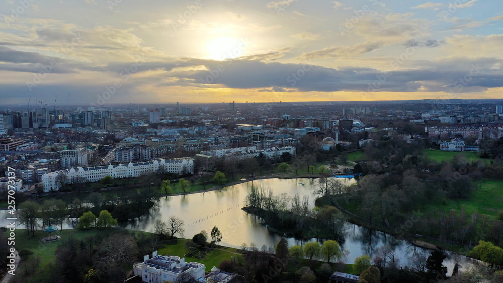 Aerial drone bird's eye view photo of famous Regent's Royal Park unique nature and Symetry of Queen Mary's Rose Gardens as seen from above, London, United Kingdom