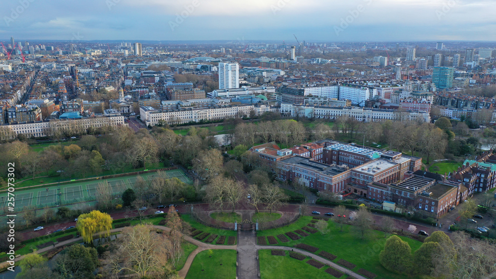 Fototapeta premium Aerial drone bird's eye view photo of famous Regent's Royal Park unique nature and Symetry of Queen Mary's Rose Gardens as seen from above, London, United Kingdom