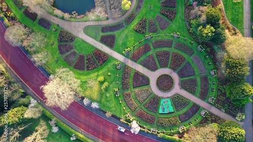 Aerial drone bird s eye view photo of famous Regent s Royal Park unique nature and Symetry of Queen Mary s Rose Gardens as seen from above  London  United Kingdom