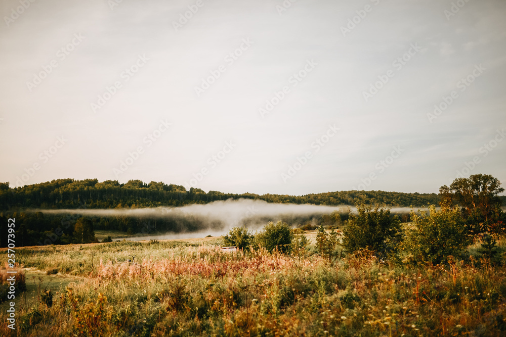 Awesome nature.  Beautiful photo of silent morning landscape with soft fog in autumn russian field.