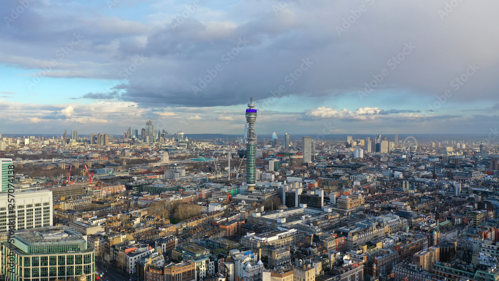Aerial drone photo of British Telecoms communication Tower in the heart of London, United Kingdom Aerial drone photo of British Telecoms communication Tower in the heart of London, United Kingdom