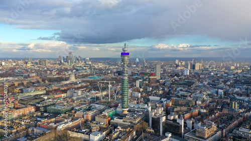 Aerial drone photo of British Telecoms communication Tower in the heart of London, United Kingdom photo