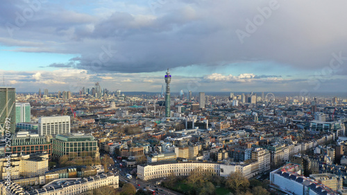 Aerial drone photo of British Telecoms communication Tower in the heart of London, United Kingdom
