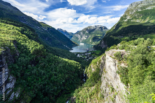 Breathtaking view of the Geirangerfjord from Flydalsjuvet viewpoint during summertime, Sunnmore, More og Romsdal, Norway
