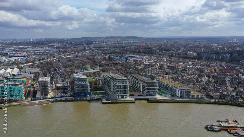 Aerial drone bird's eye view of iconic skyline in City of London, United Kingdom