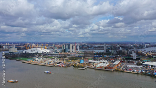 Aerial drone bird's eye view of iconic concert Hall of O2 Arena, Greenwich Peninsula, London, United Kingdom