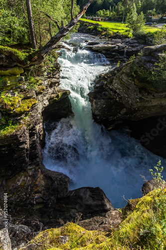 Gudbrandsjuvet waterfall forming a small rainbow, Sunnmore, More og Romsdal, Norway