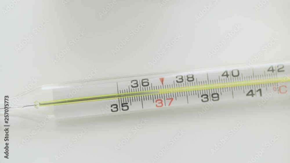 Glass mercurial thermometer takes temperature on white background Glass mercurial thermometer takes temperature on white background