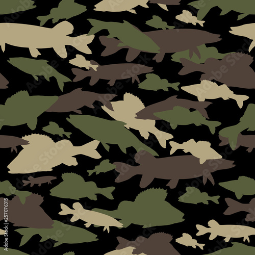 Seamless vector pattern of fishing camouflage. Brown green camo of freshwater fish