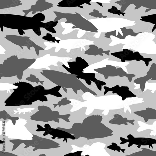 Seamless vector pattern of fishing camouflage. Grey black camo of freshwater fish