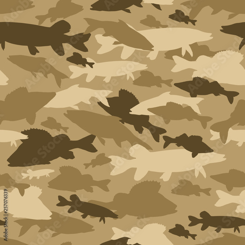 Seamless vector pattern of fishing camouflage. Khaki camo of freshwater fish
