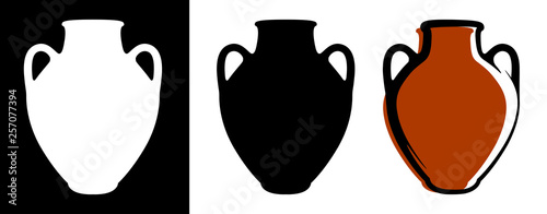 Vector ancient amphora image in brown color and silhouettes in white and black background isolated in flat style. photo