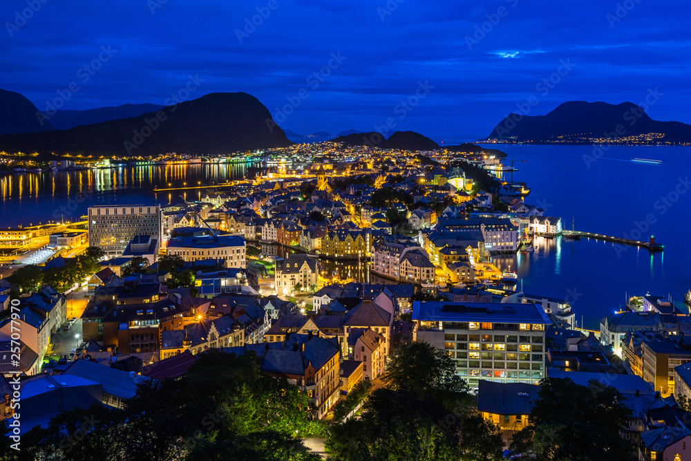 Blue hour view of Alesund, a town in Norway fjord regions famous for Art Nouveau architecture