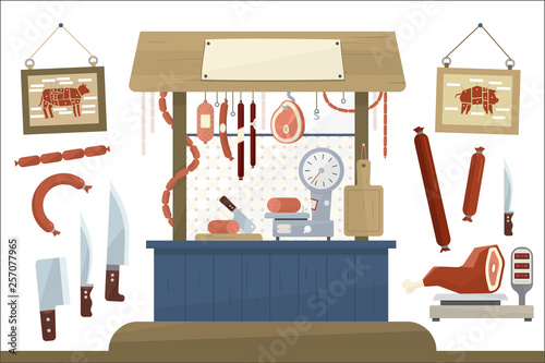 Butcher shop, meat assortment and equipment for cutting meat vector Illustration