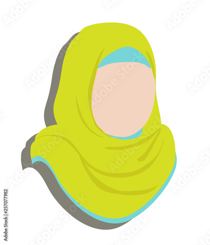 Muslim girl in a light green scarf on a white background. Vector illustration.