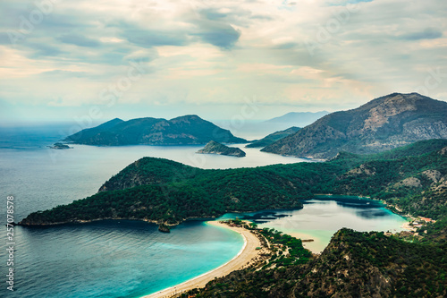 Panoramic view of Oludeniz Beach and bay, Fethiye, Mugla, Turkey. Aerial Photo from Lycian way. Summer and holiday concept.