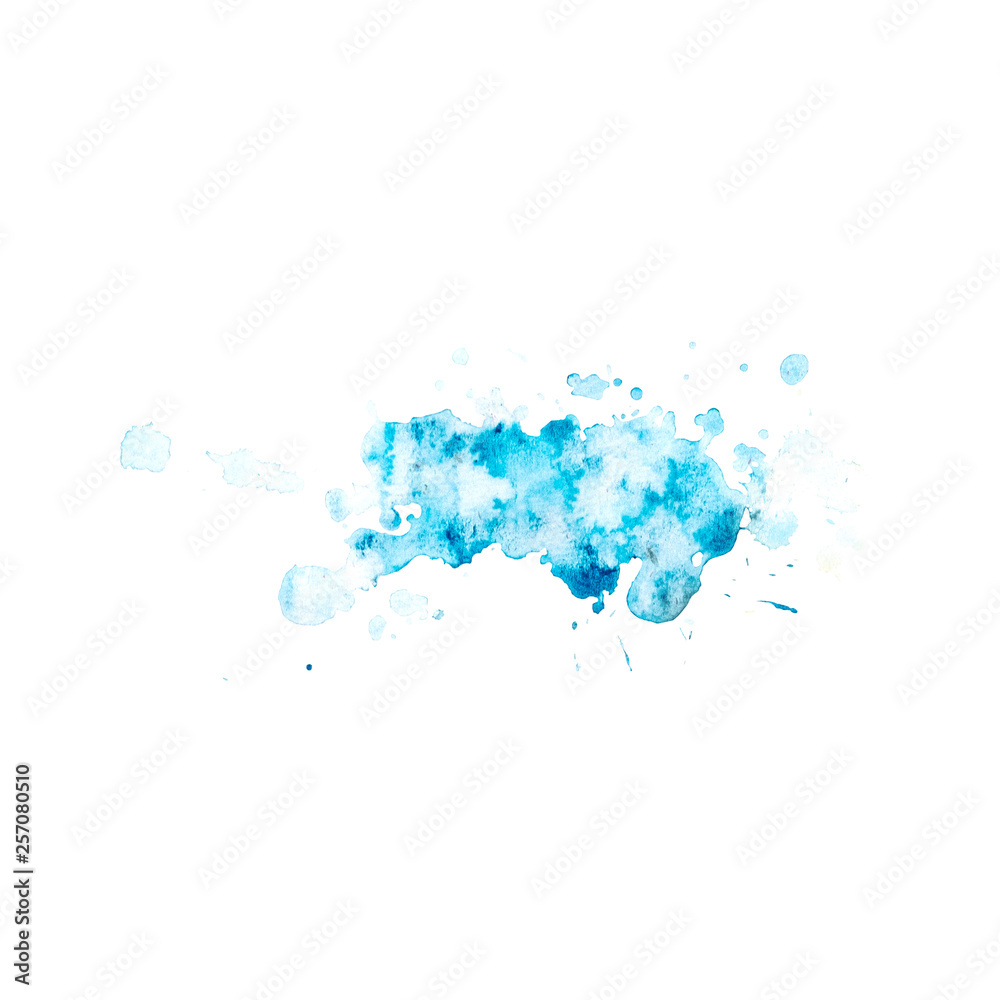 Fototapeta premium Watercolor blot of blue with splashes and stains. Drawn by hand.