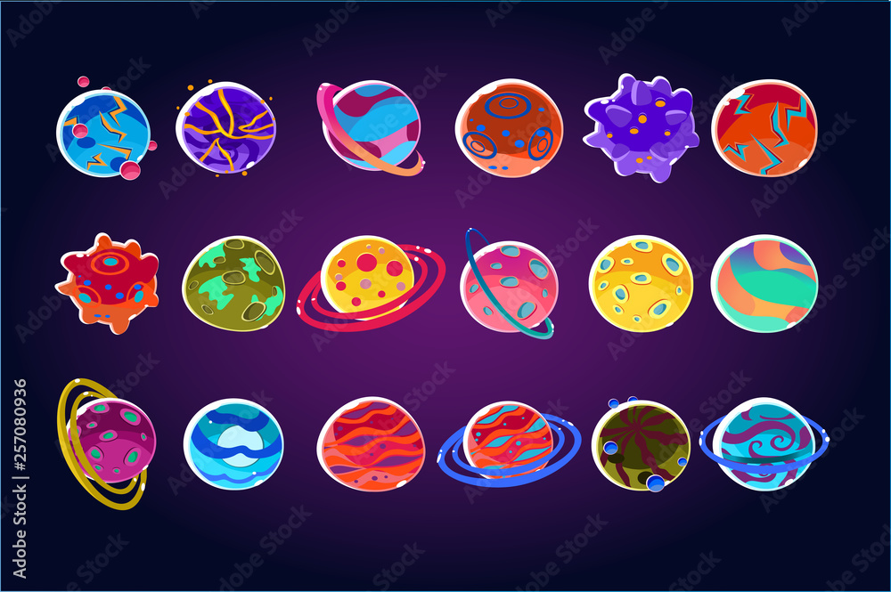 Fantasy colorful planets big set, alien planets details for computers game interface, apps vector Illustrations Fantasy colorful planets big set, alien planets details for computers game interface, apps vector Illustrations
