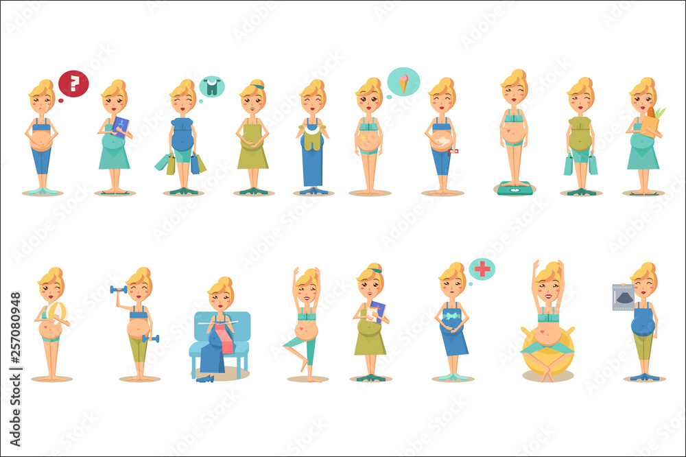 Pregnant woman character in different situations set, happy mom expecting baby, healthy lifestyle, shopping, medical examination vector Illustrations