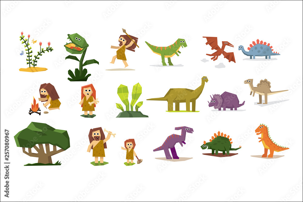 Prehistoric stone age elements set, primitive people, dinosaurs, plants cartoon vector Illustrations on a white background