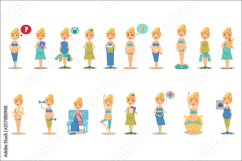 Pregnant woman character in different situations set  happy mom expecting baby  healthy lifestyle  shopping  medical examination vector Illustrations