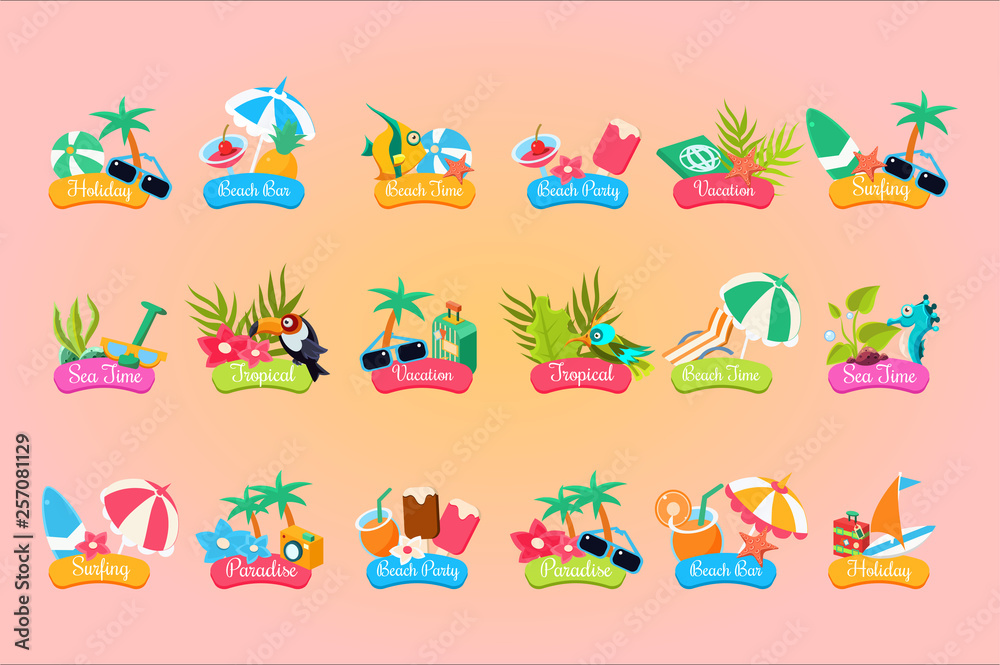 Summer travel logo template set, vacation, paradise, holiday, beach time labels vector Illustrations