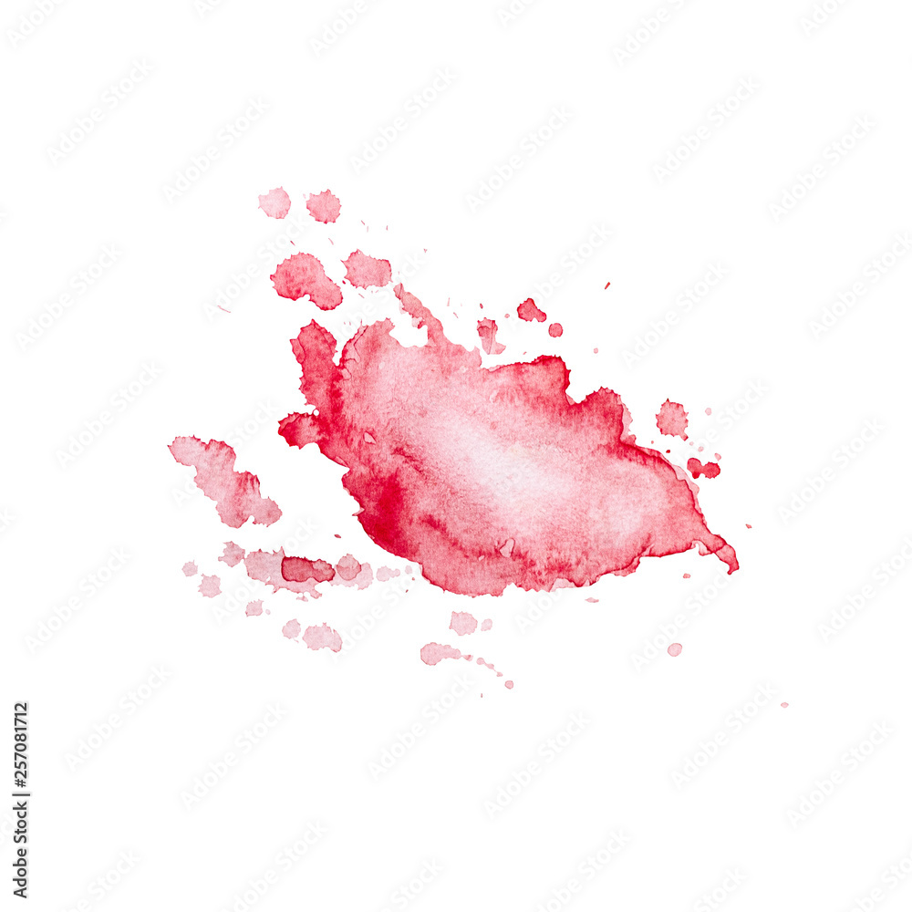 Watercolor blot of red with splashes and stains. Drawn by hand.
