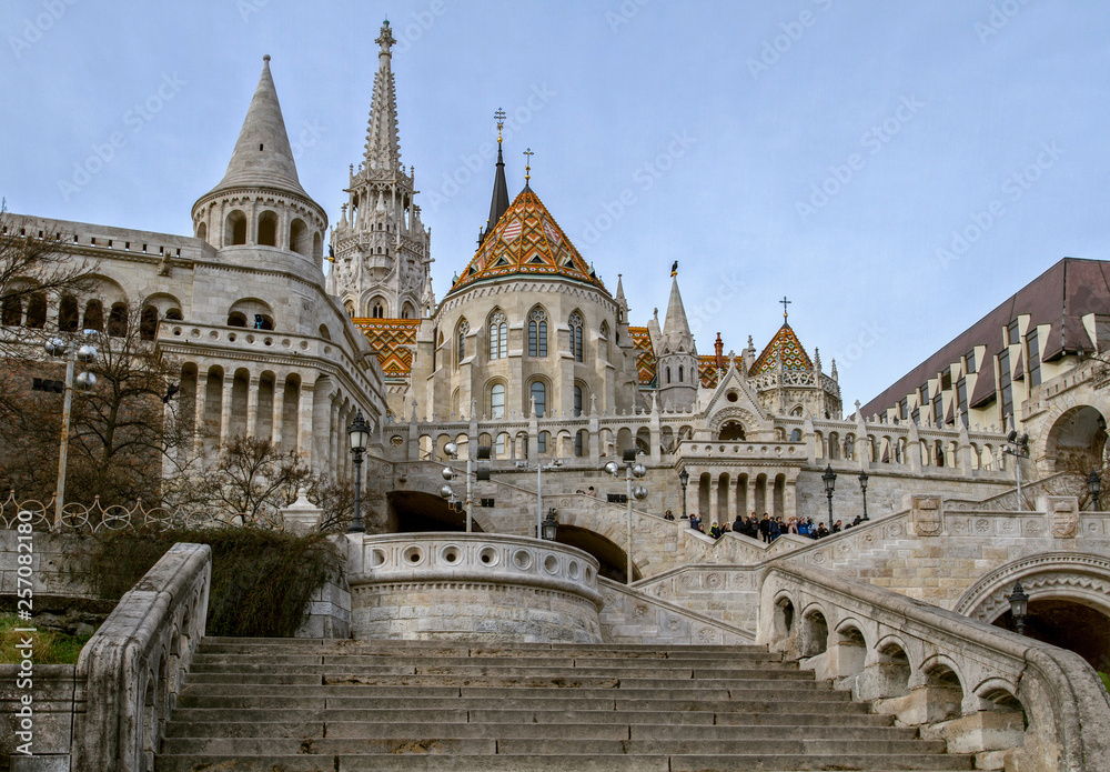 View on the Fisherman's Bastion in Budapest. Hungarian landmarks. The Fisherman's Bastion, one of the famous destinations in Hungary. Budapest. European travel.