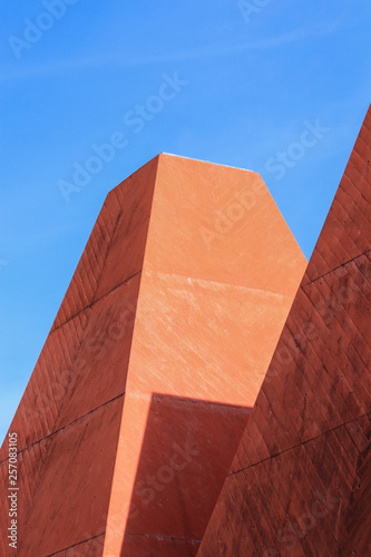 Detail from brick color tower in Paula Rego Museum Is Designed By Architect Eduardo Souto de Moura
