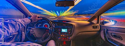 Car interior panorama in motion at high speed