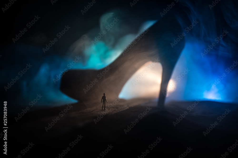 Fototapeta premium Artwork decoration. Silhouette of a man standing in the middle of the road on a misty night with giant high heel women shoes. Women power or women domination concept.